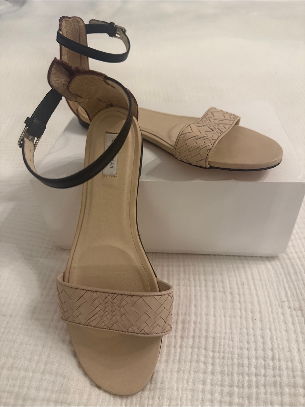 Cole Haan Beige Woven Toe Sandal with Black Ankle Strap
